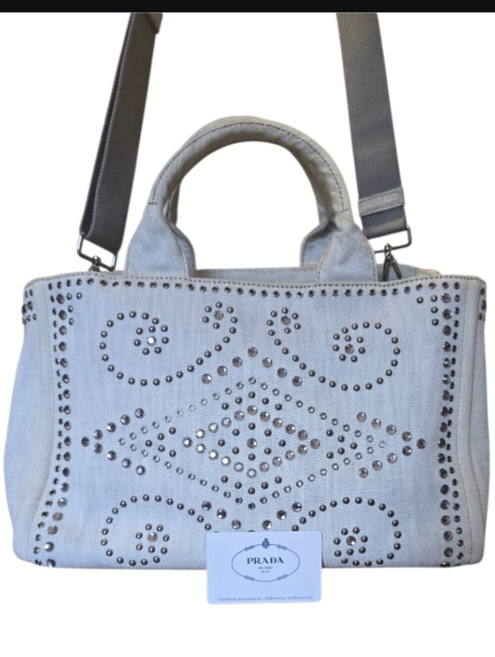 Prada Crystal Studded Lg Canapa Denim Tote w/ Card & Crossbody Strap in EUC - Picture 2 of 16